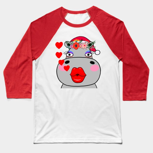 Christmas Hippo Baseball T-Shirt by IdinDesignShop